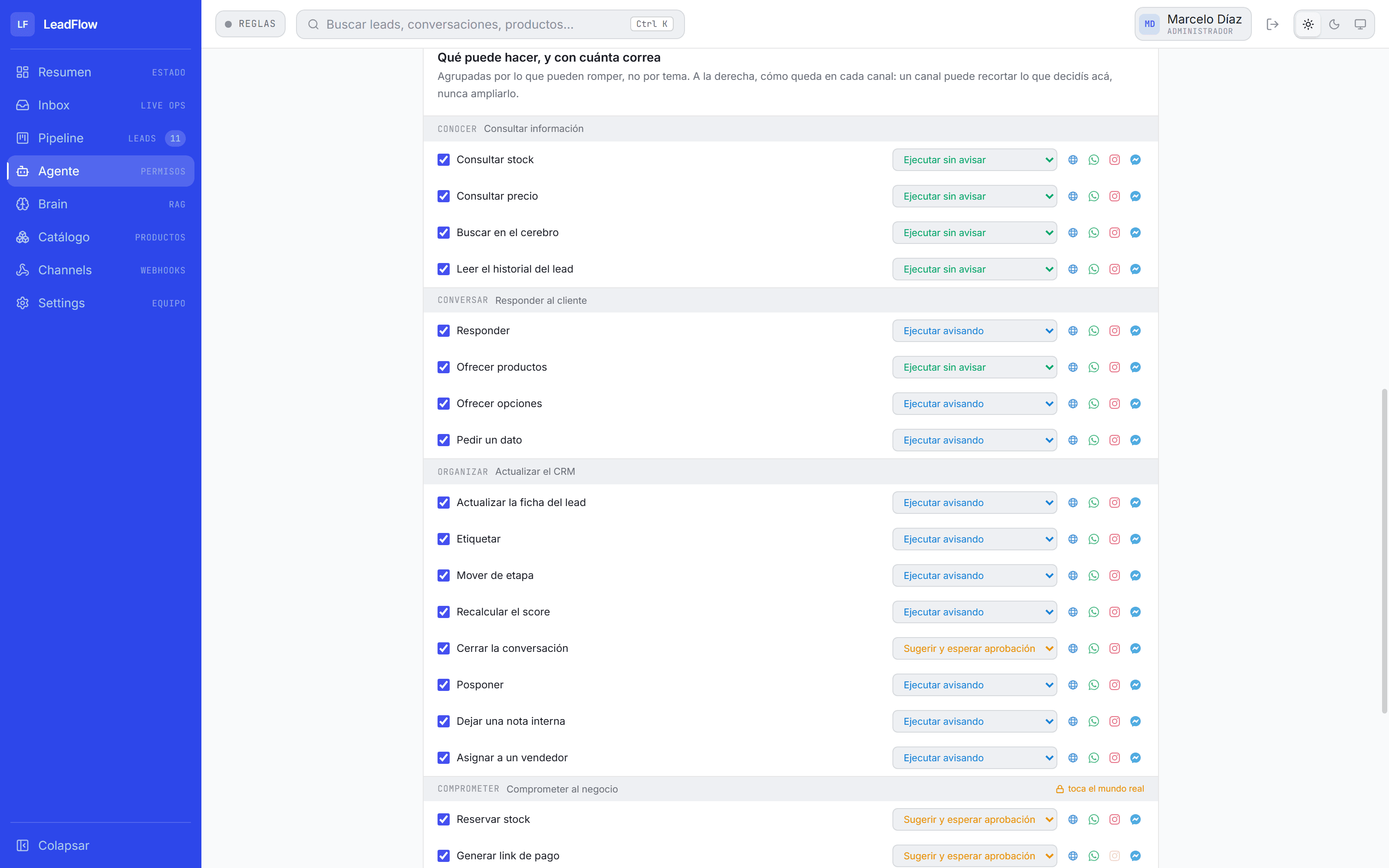 Pantalla de permisos de LeadFlow: cada cosa que puede hacer el asistente con su nivel de autonomía al lado. Consultar stock o precio va en ejecutar sin avisar; responder o mover de etapa, en ejecutar avisando; y todo lo que compromete al negocio —reservar stock, generar un link de pago, agendar una visita— queda en sugerir y esperar aprobación.